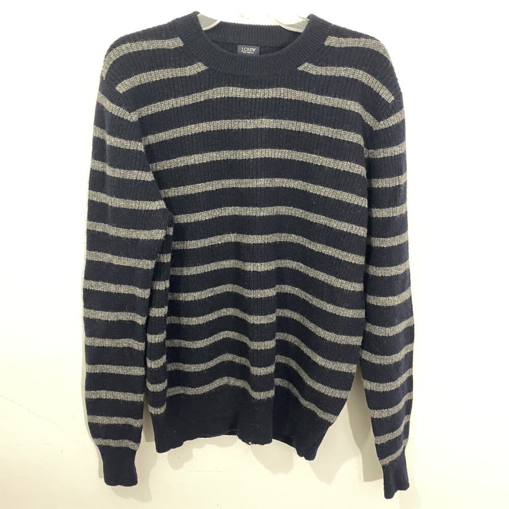 J Crew Black Gray Stripe Lambs Wool Sweater Men's Size Large